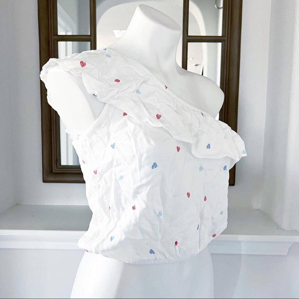 Hippie Rose Tiered One Shoulder Top Red Blue Hearts NWT