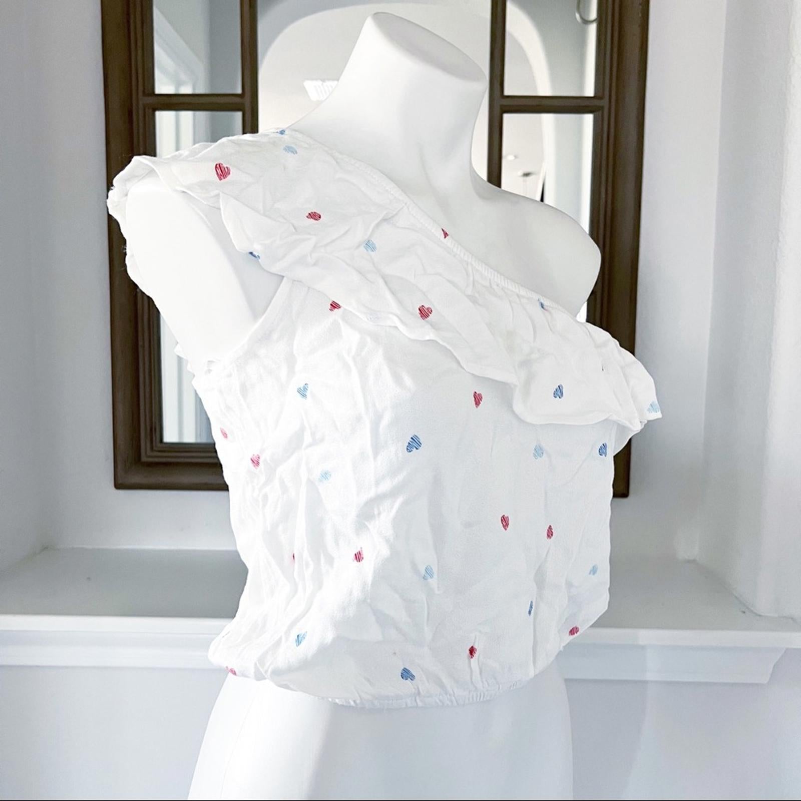Hippie Rose Tiered One Shoulder Top Red Blue Hearts NWT