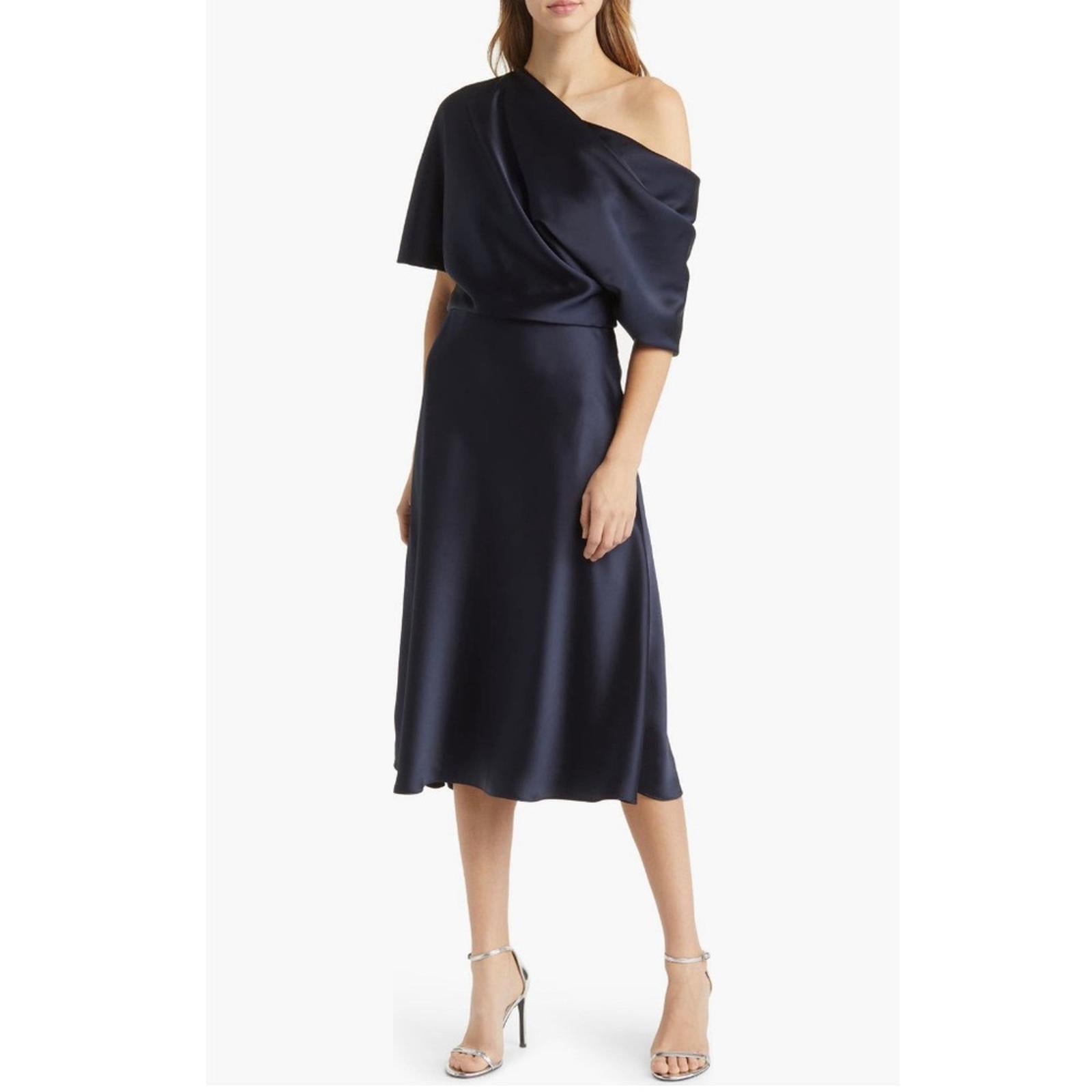 NEW Amsale NAVY One Shoulder Fluid Satin Cocktail Midi Dress, Size 4 Retail $385