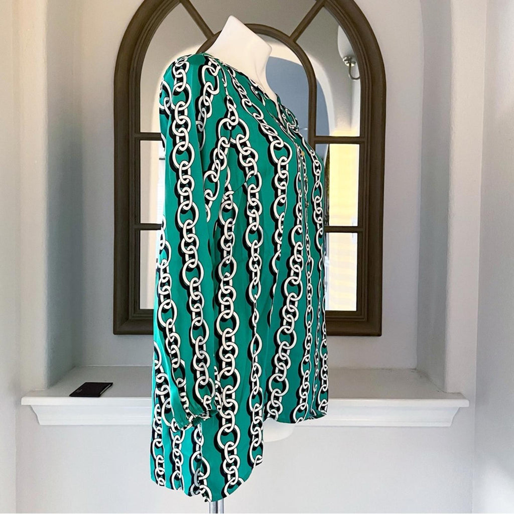 IMAN Popover High Low Chain Print Long Sleeve Blouse, Green Size S New w/Tag