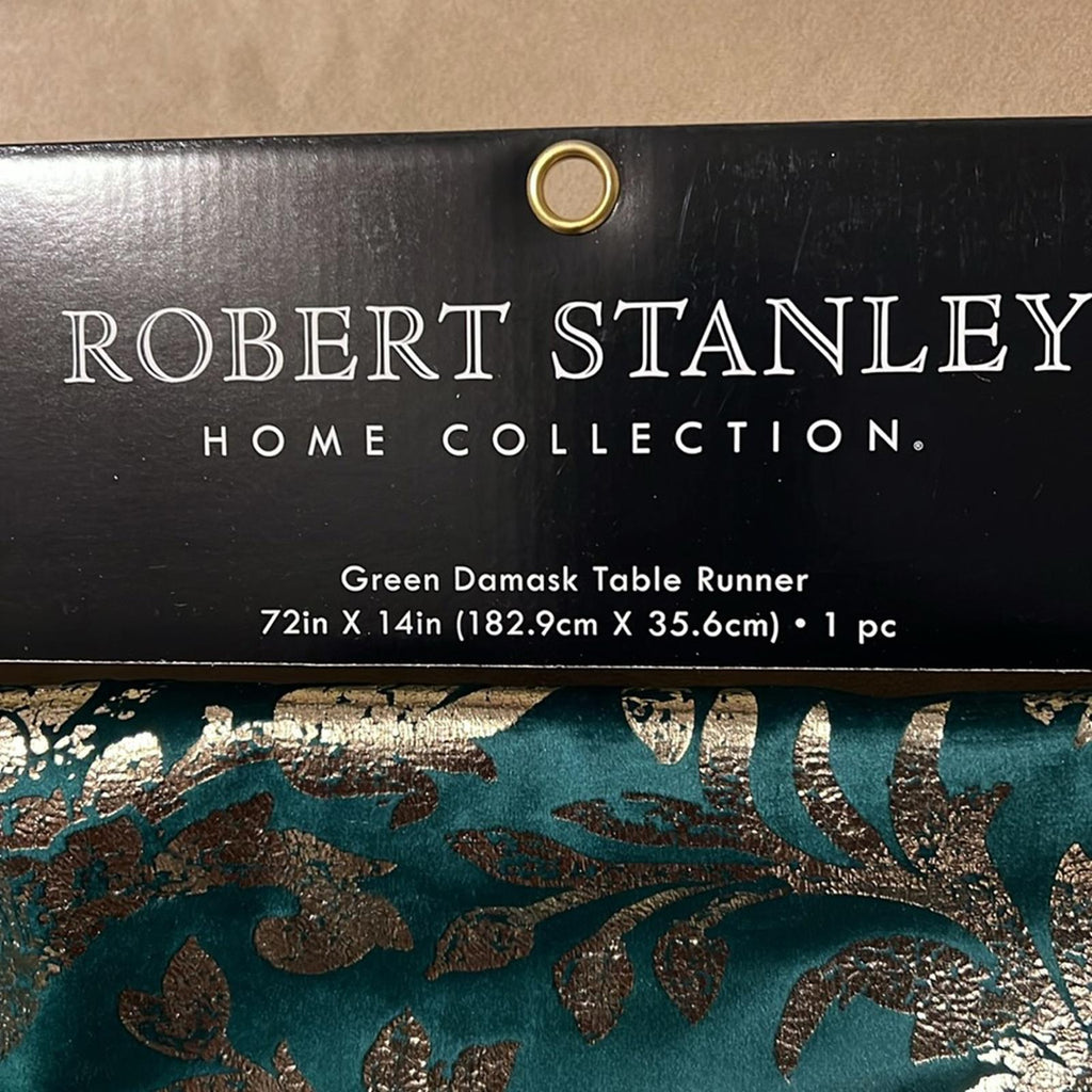 NWT Robert Stanley Green Damask Table Runner 72” X 14” New w/Tag Retail $37.99