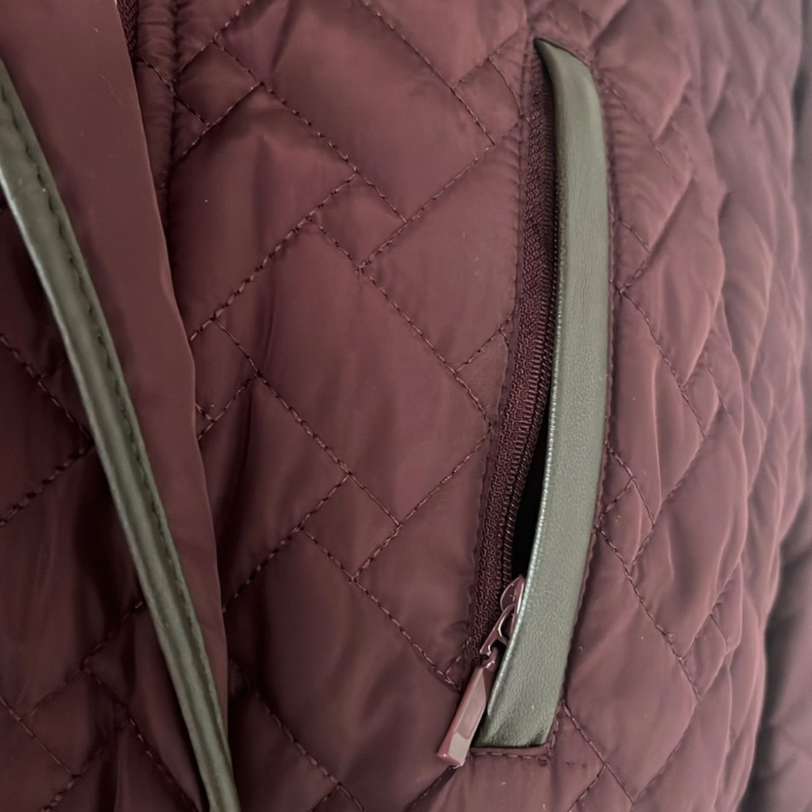 Cole Haan Burgundy Quilted Long Jacket w/Brown Leather Trim, NO BELT XL $260