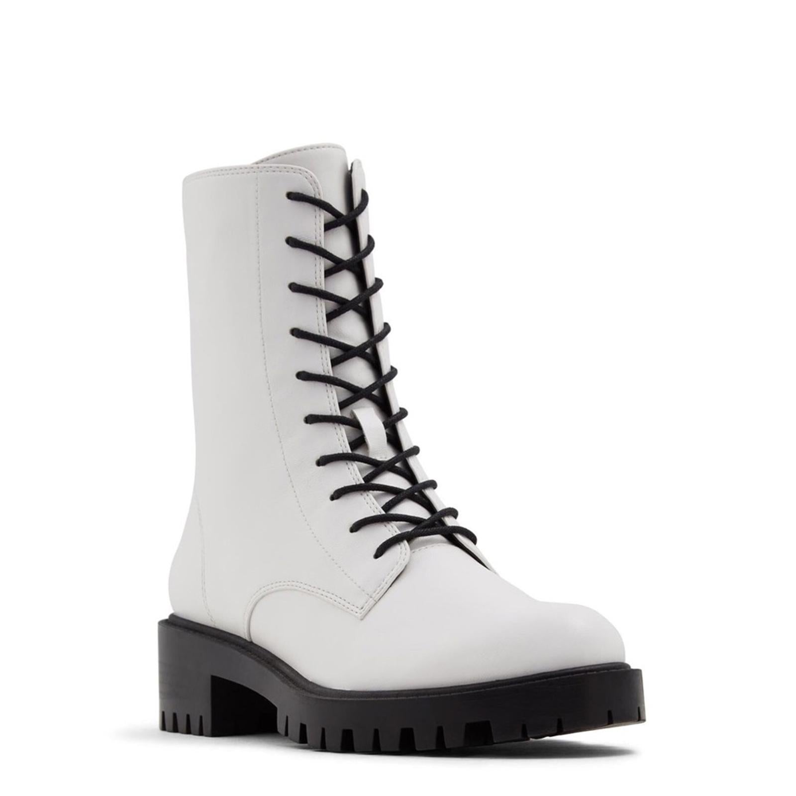 WhoWhatWear Platform Lace-Up Moto Boots in White, Size 8 New w/o Box