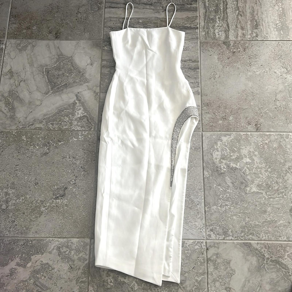 David Koma STRAPLESS Glass Embellished Crystal Trim Dress in White, Size 2 NWT