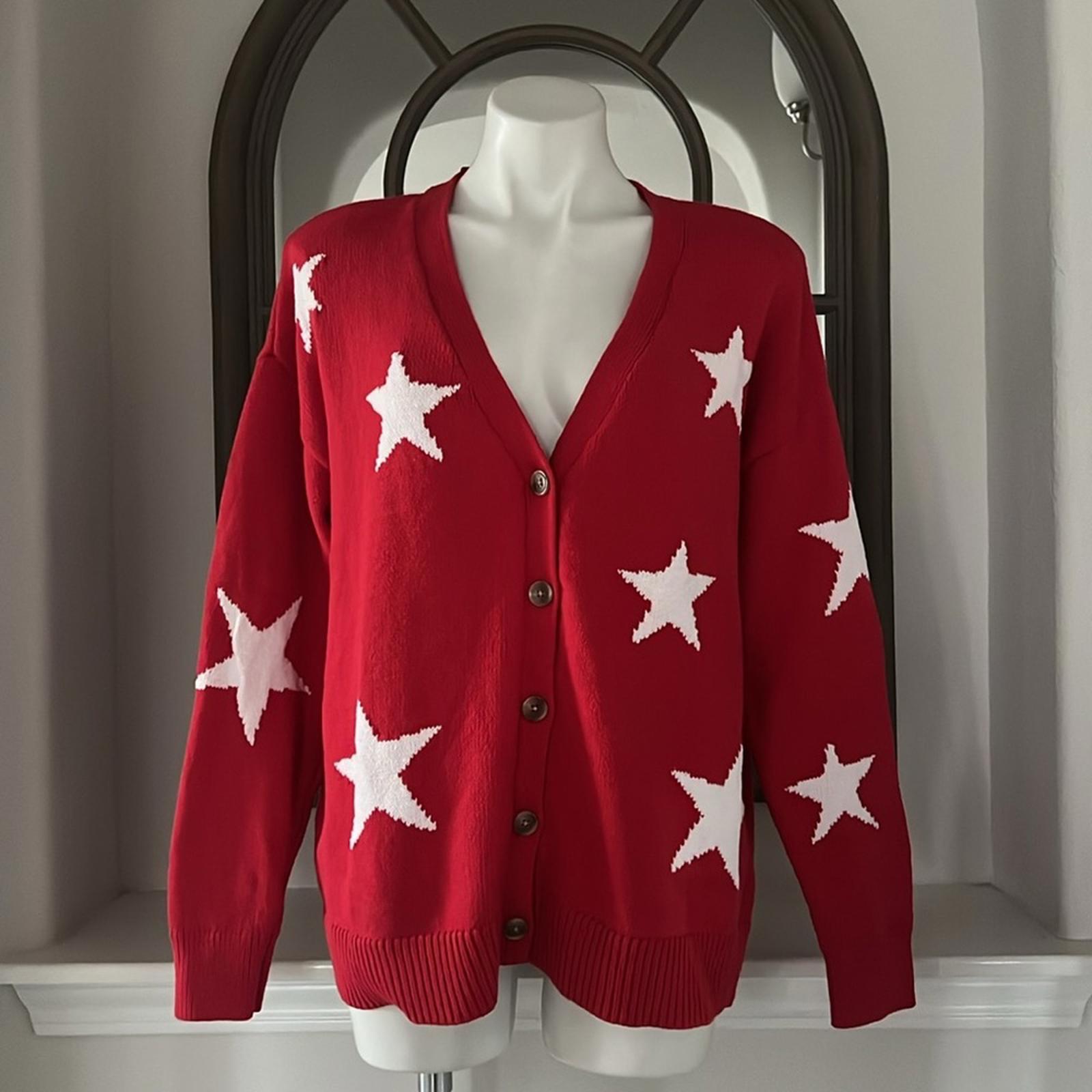 NEW Lane Bryant V-Neck Button-Front Star Cardigan Red/White Size 14/16