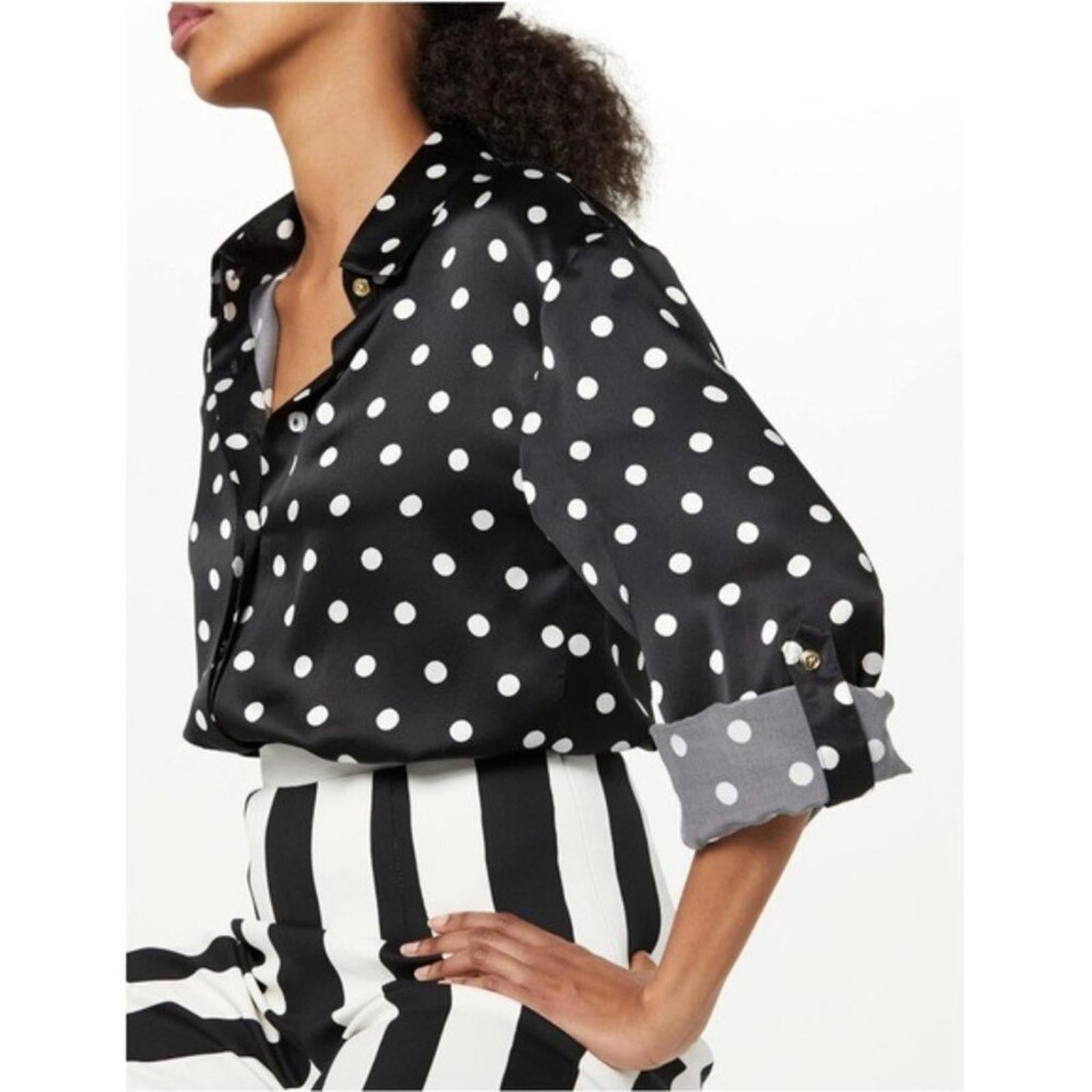 Sergio Hudson Polka Dot Silk Charmeuse Button-Up Blouse, Black/White XS NWT $795