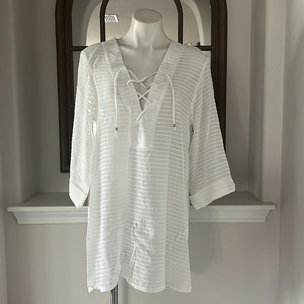 NEW J. Valdi Lace Up Shirt Swim Cover Up, White Size XL New w/Tag Retail $58
