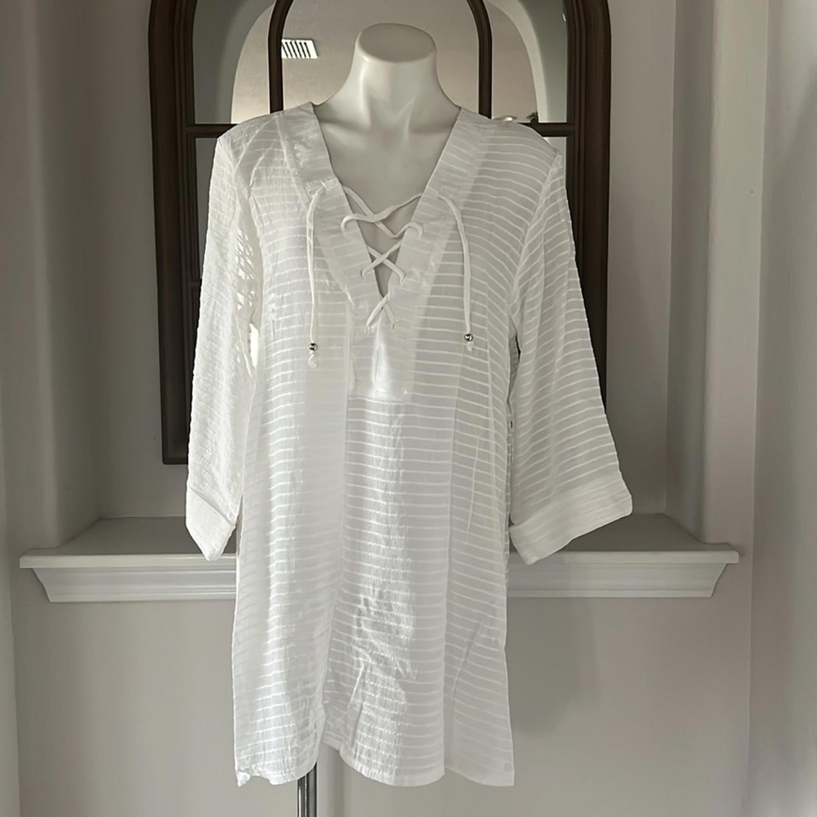 NEW J. Valdi Lace Up Shirt Swim Cover Up, White Size XL New w/Tag Retail $58