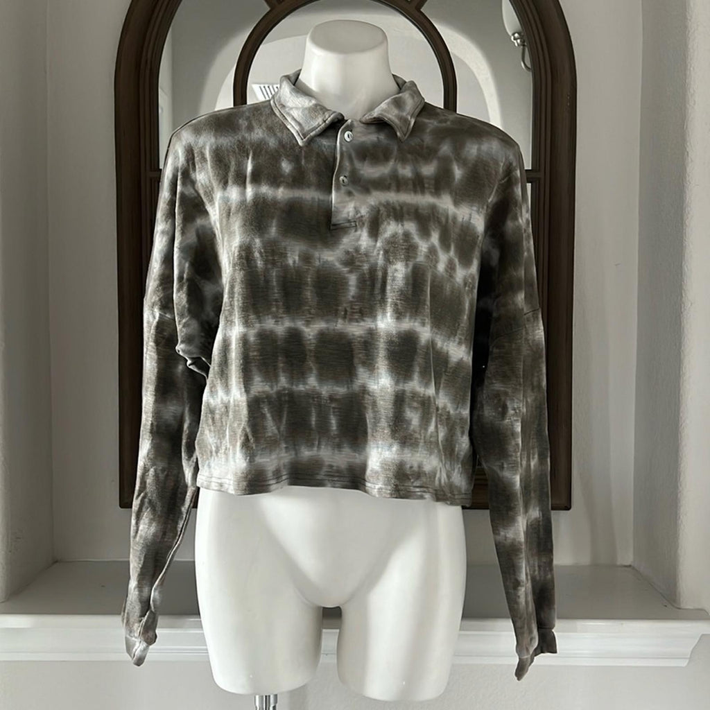 Olivaceous Tie-Dye Cropped Top Polo Long Sleeve Shirt, EXCELLENT!