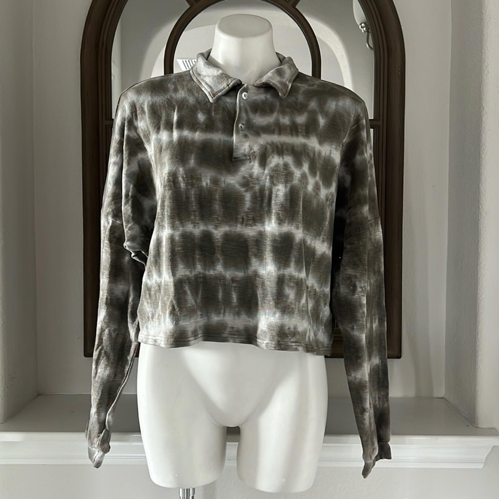 Olivaceous Tie-Dye Cropped Top Polo Long Sleeve Shirt, EXCELLENT!