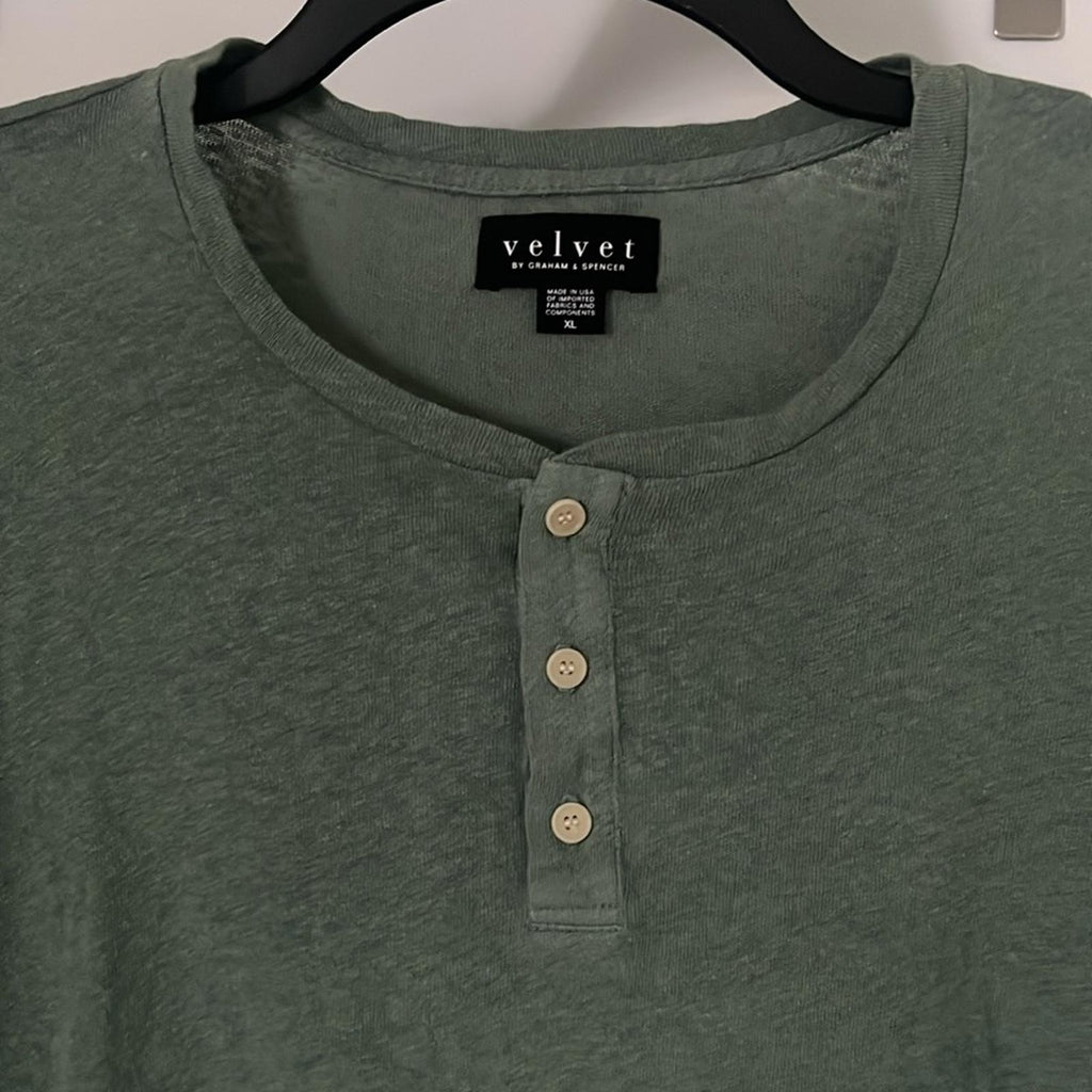 Velvet by Graham & Spencer Lionel Linen Blend Henley Shirt Green, NWT, Size XL