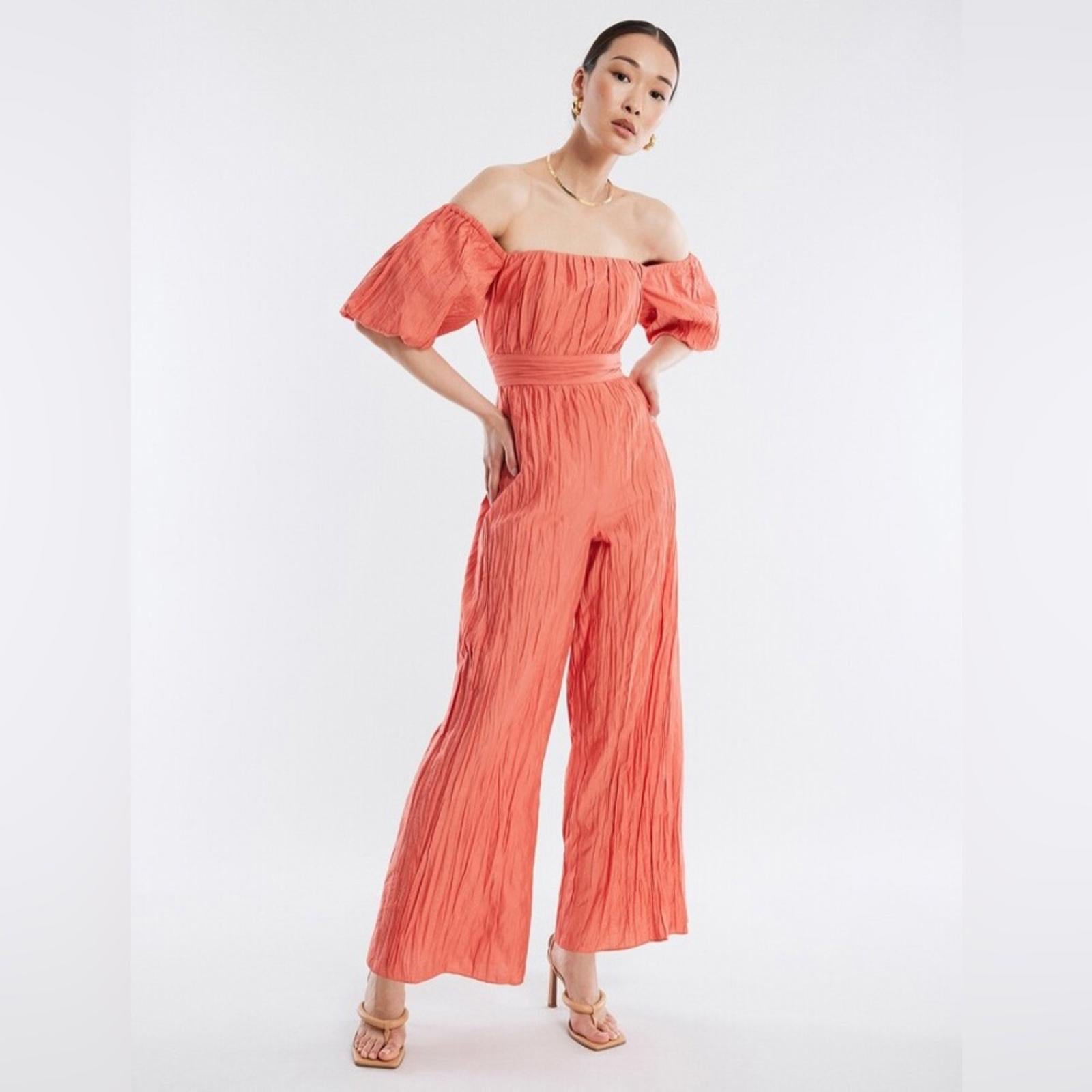 BCBGMAXAZRIA Felix Puff Sleeve Jumpsuit, Coral Size 2 New w/Tag Retail $348