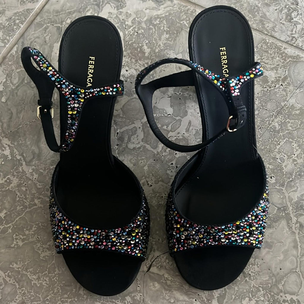 Ferragamo Nikla 85 Embellished High Heel Sandals in Black, NEW, Size 6 $1,350