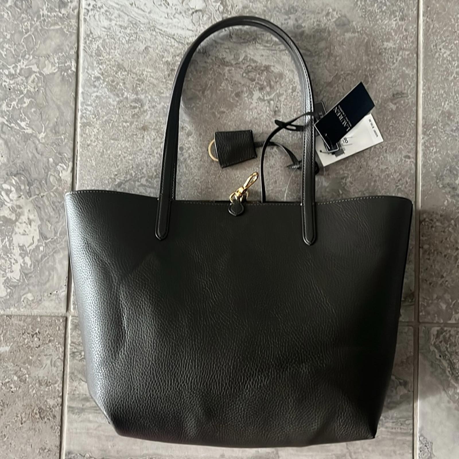 Lauren Ralph Lauren Large Reversible Tote Bag in Dark Olive/Belting Print, NWT