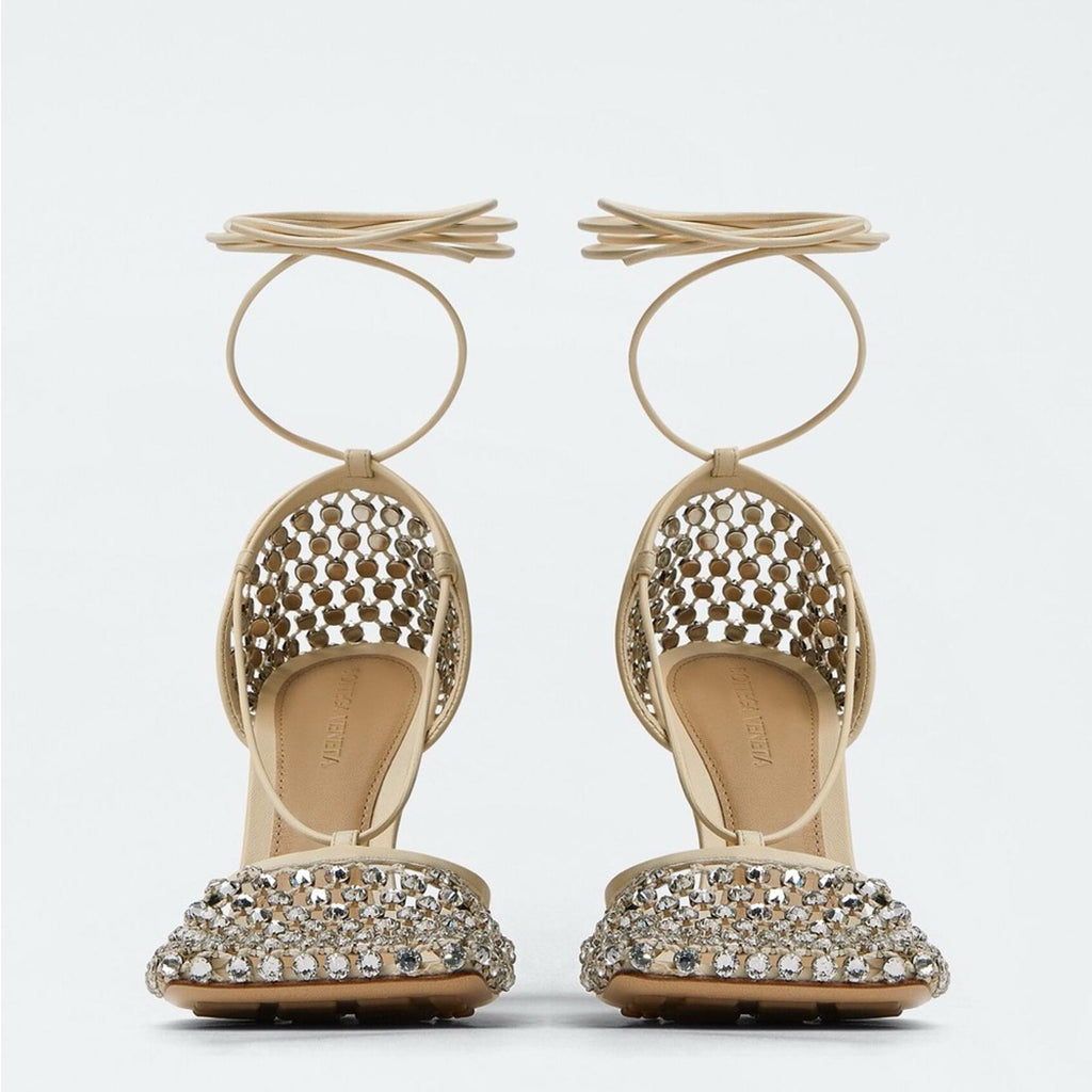 Bottega Veneta Sparkle Stretch Lace-Up Sandals, Toile Size 41 New in Box $1950