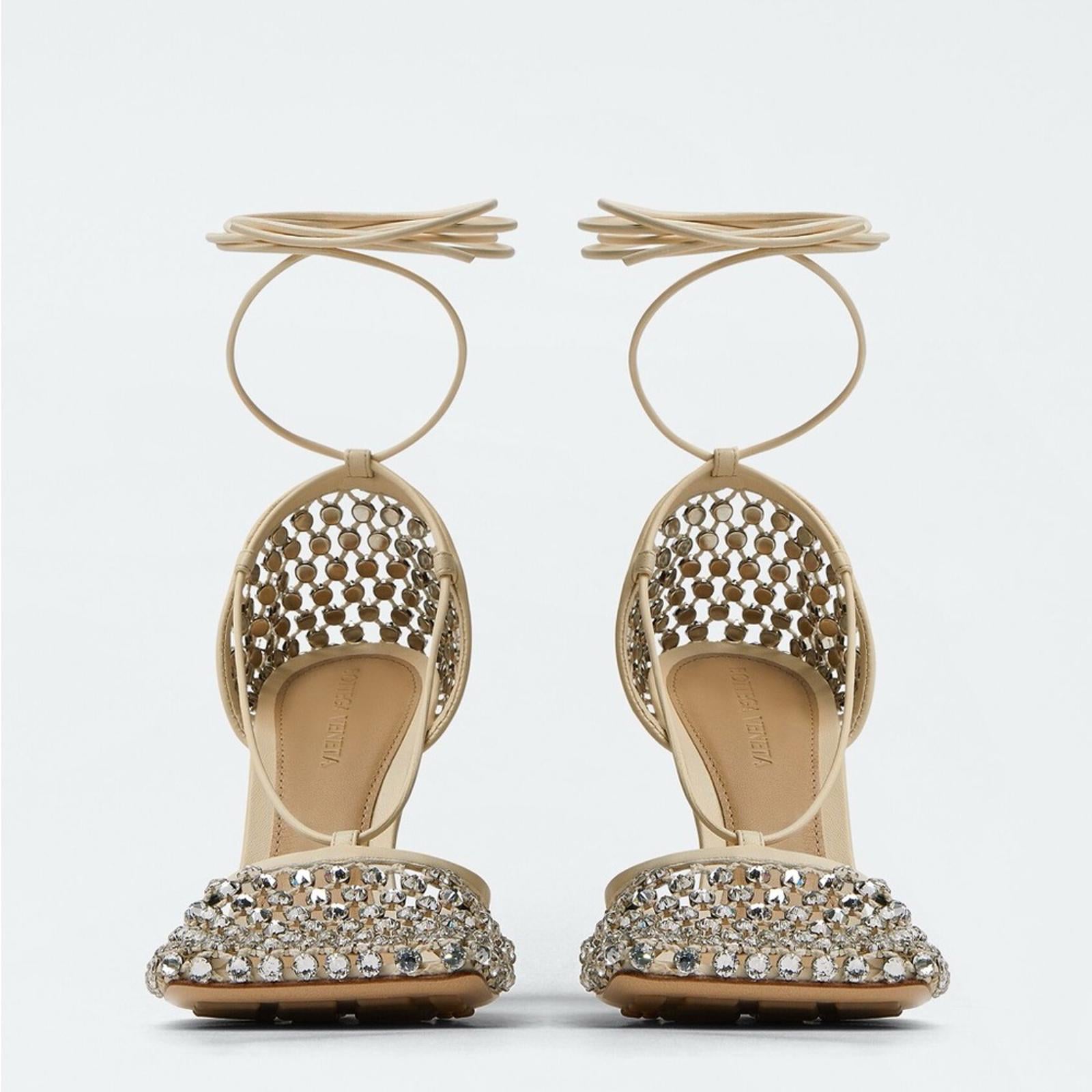 Bottega Veneta Sparkle Stretch Lace-Up Sandals, Toile Size 41 New in Box $1950