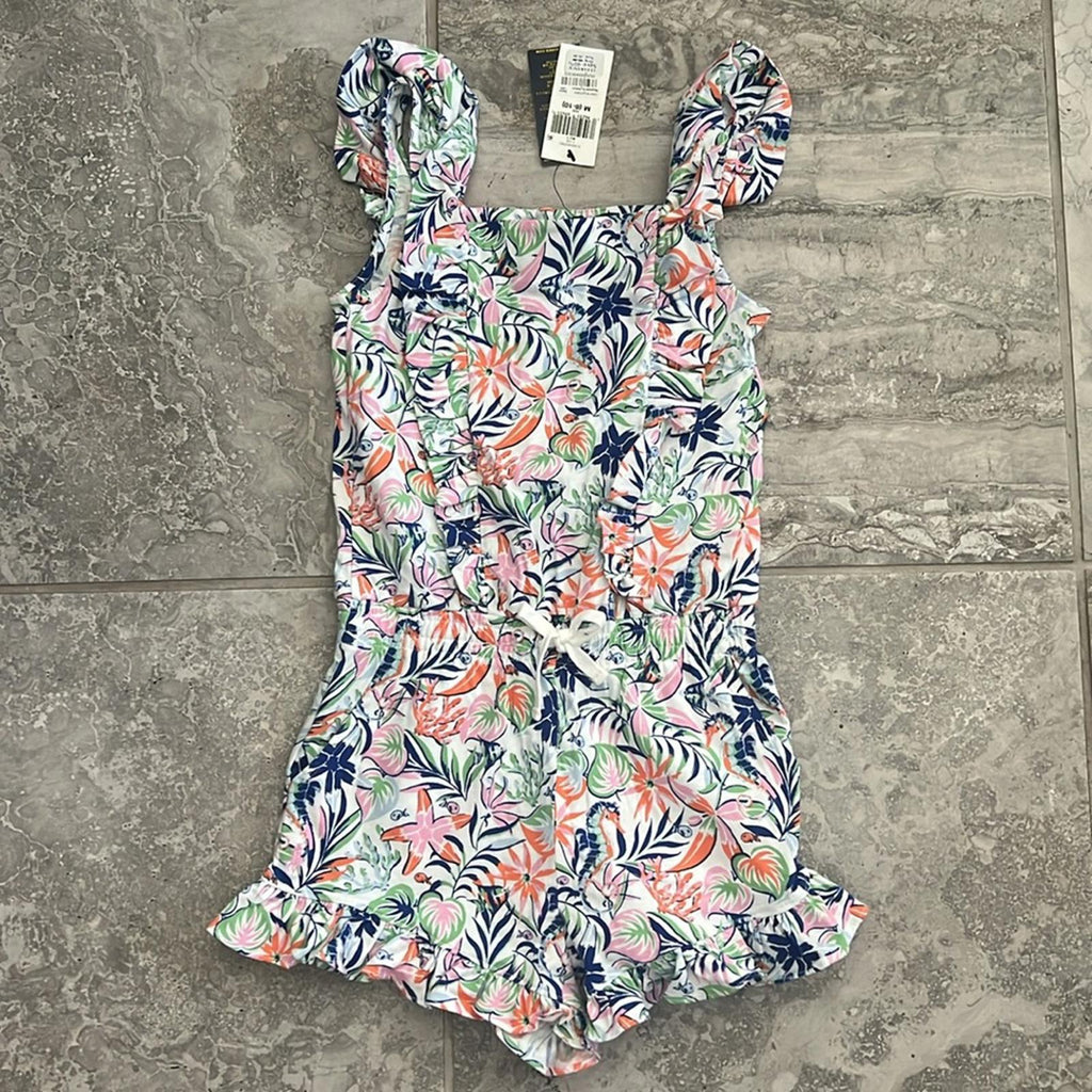 Polo Ralph Lauren Tropical-Print Ruffled Cotton Romper, Size M(8-10) NEW w/Tag