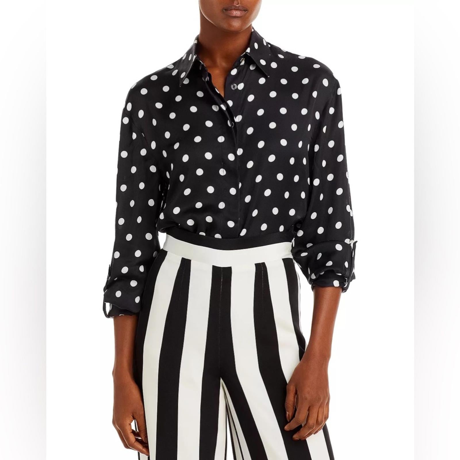 Sergio Hudson Polka Dot Silk Charmeuse Button-Up Blouse, Black/White XL NWT $795