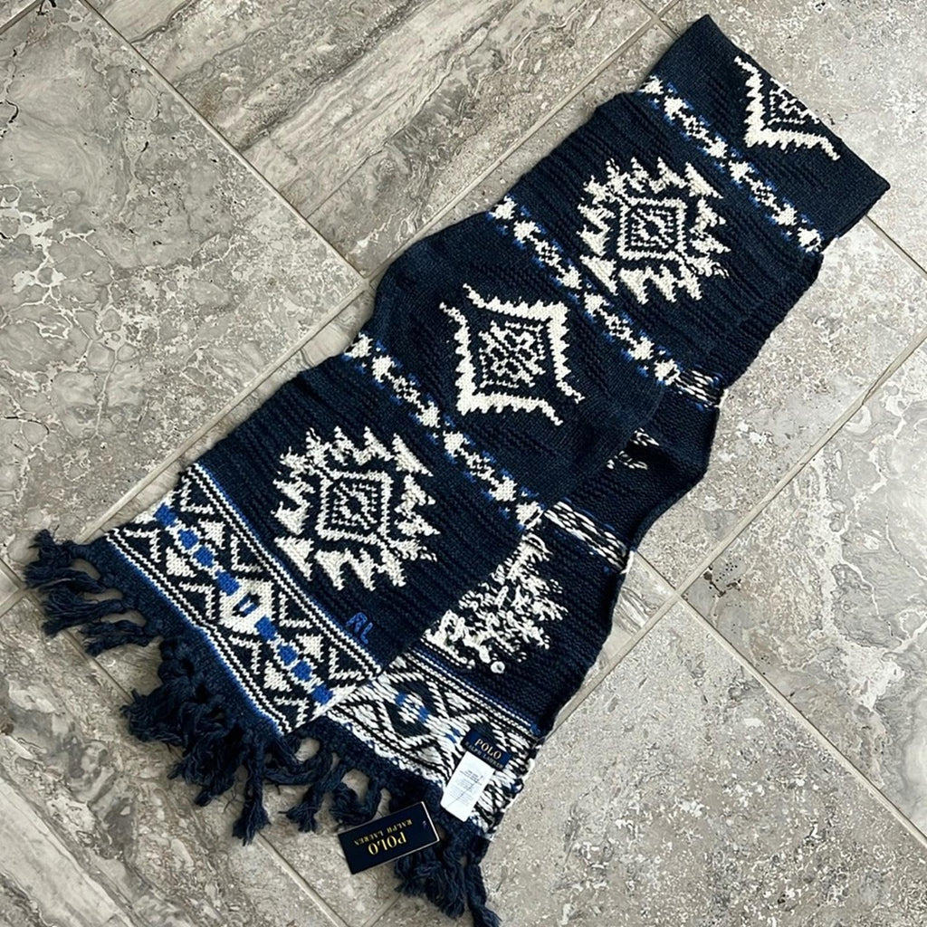 Polo Ralph Lauren Wool & Nylon Geometric Ski Scarf, Navy One Size New with Tag