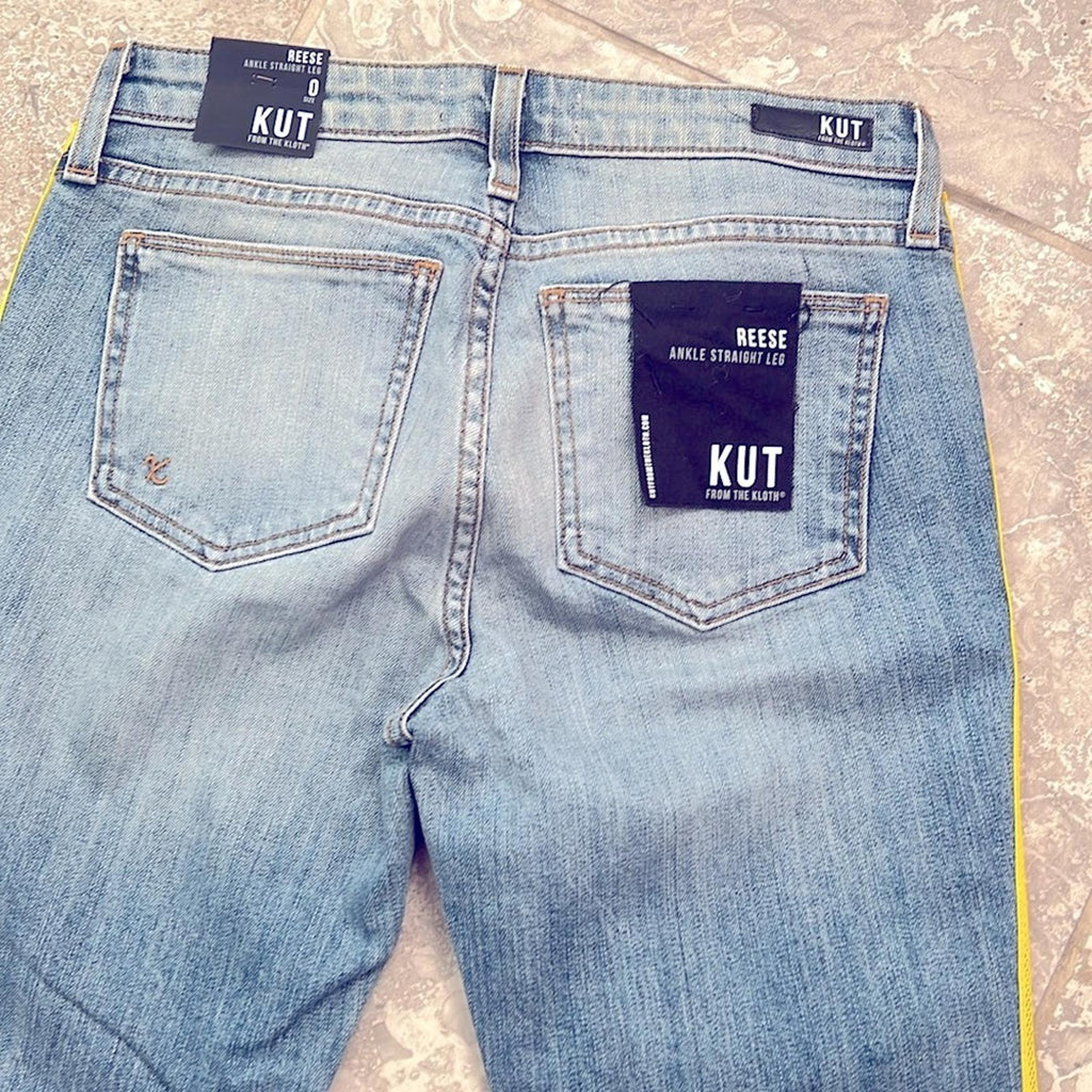 KUT from the Kloth Reese Yellow Stripe Ankle Straight Leg Jeans Size 0 New w/Tag