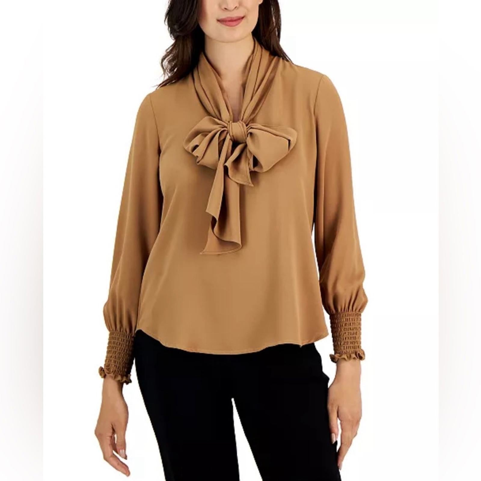 Anne Klein Blouson-Sleeve Tie-Neck Top in Brown, Size S New w/Tag, Retail $99