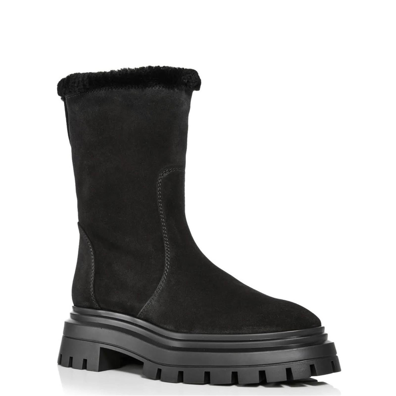 Stuart Weitzman Bedford Chill Suede Shearling Moto Boots, Black Size 11 NWT $695