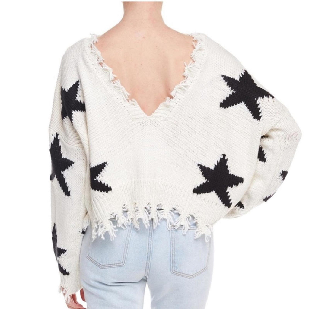 STORIA Oversized Distressed Star Sweater with V-Neck Back, Size S EXCELLENT!