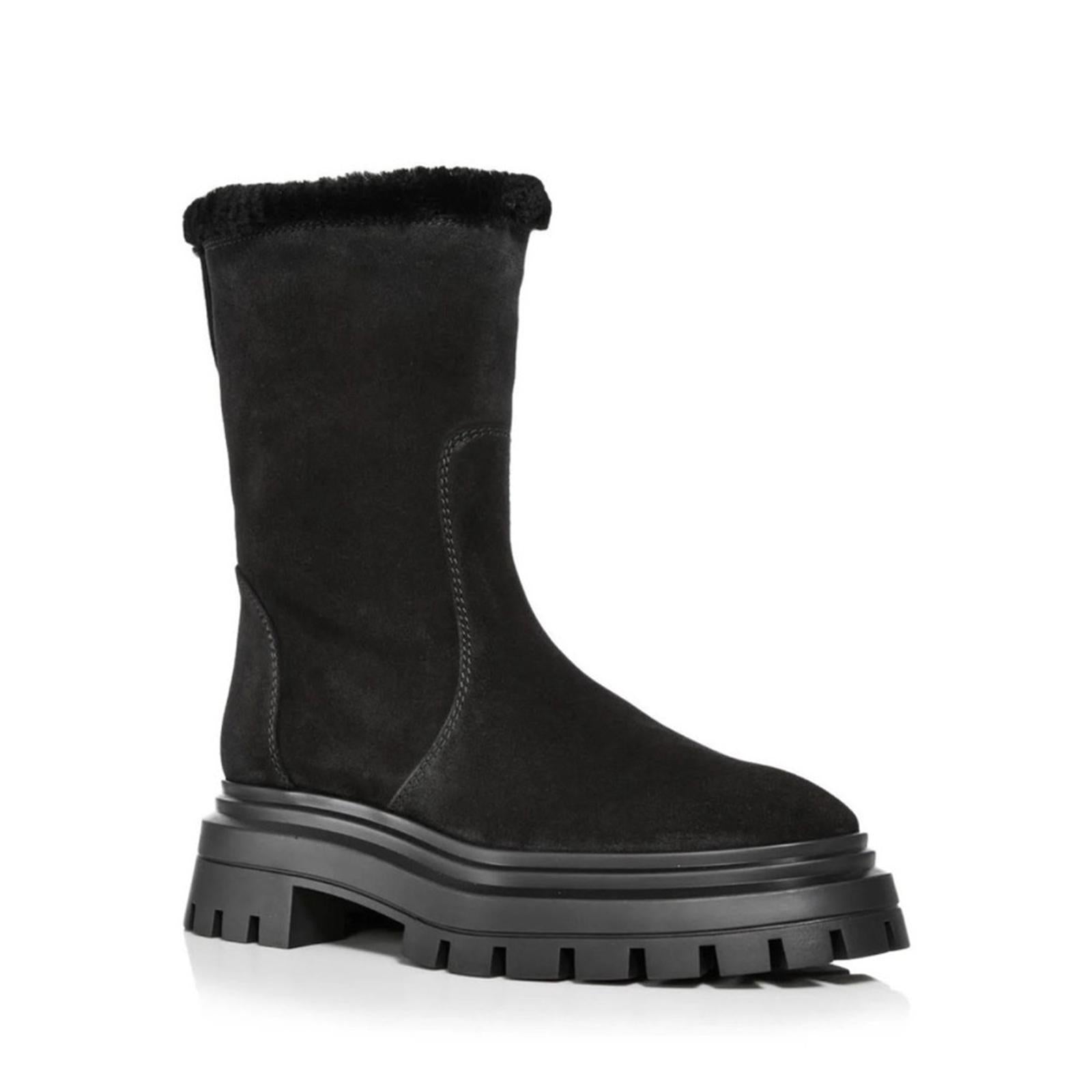 Stuart Weitzman Bedford Chill Suede Shearling Moto Boots, Black Size 6.5 NWT