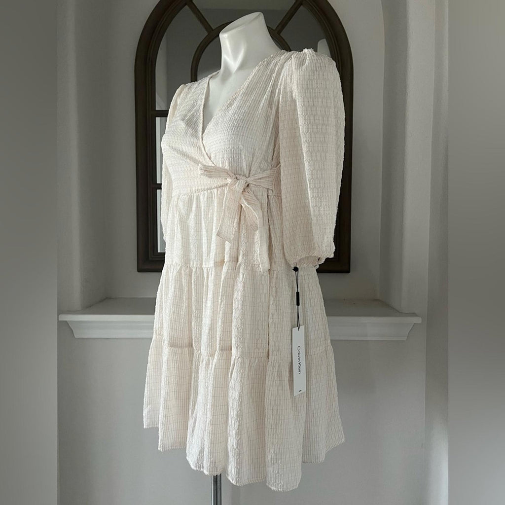 NWT Calvin Klein Side-Tie Belt Pinstripe Tiered Dress, Petite Size 6 Retail $134
