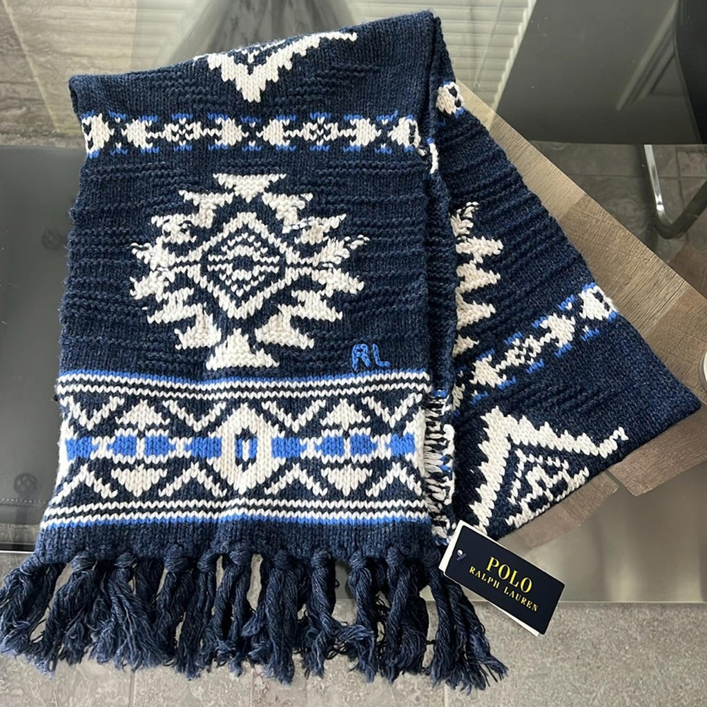 Polo Ralph Lauren Wool & Nylon Geometric Ski Scarf, Navy One Size New with Tag