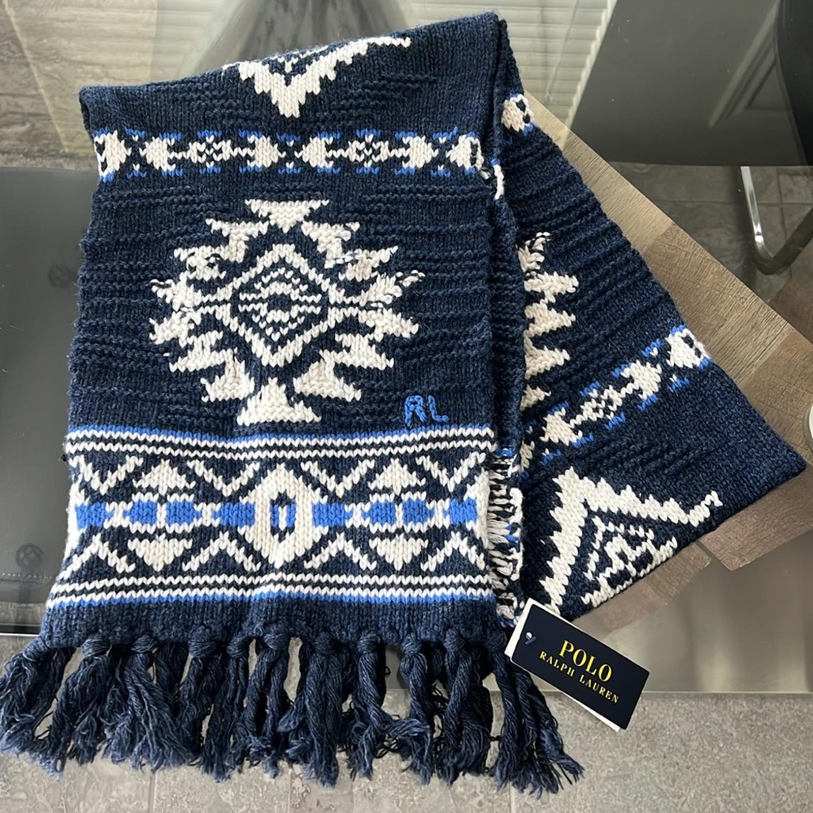 Polo Ralph Lauren Wool & Nylon Geometric Ski Scarf, Navy One Size New with Tag