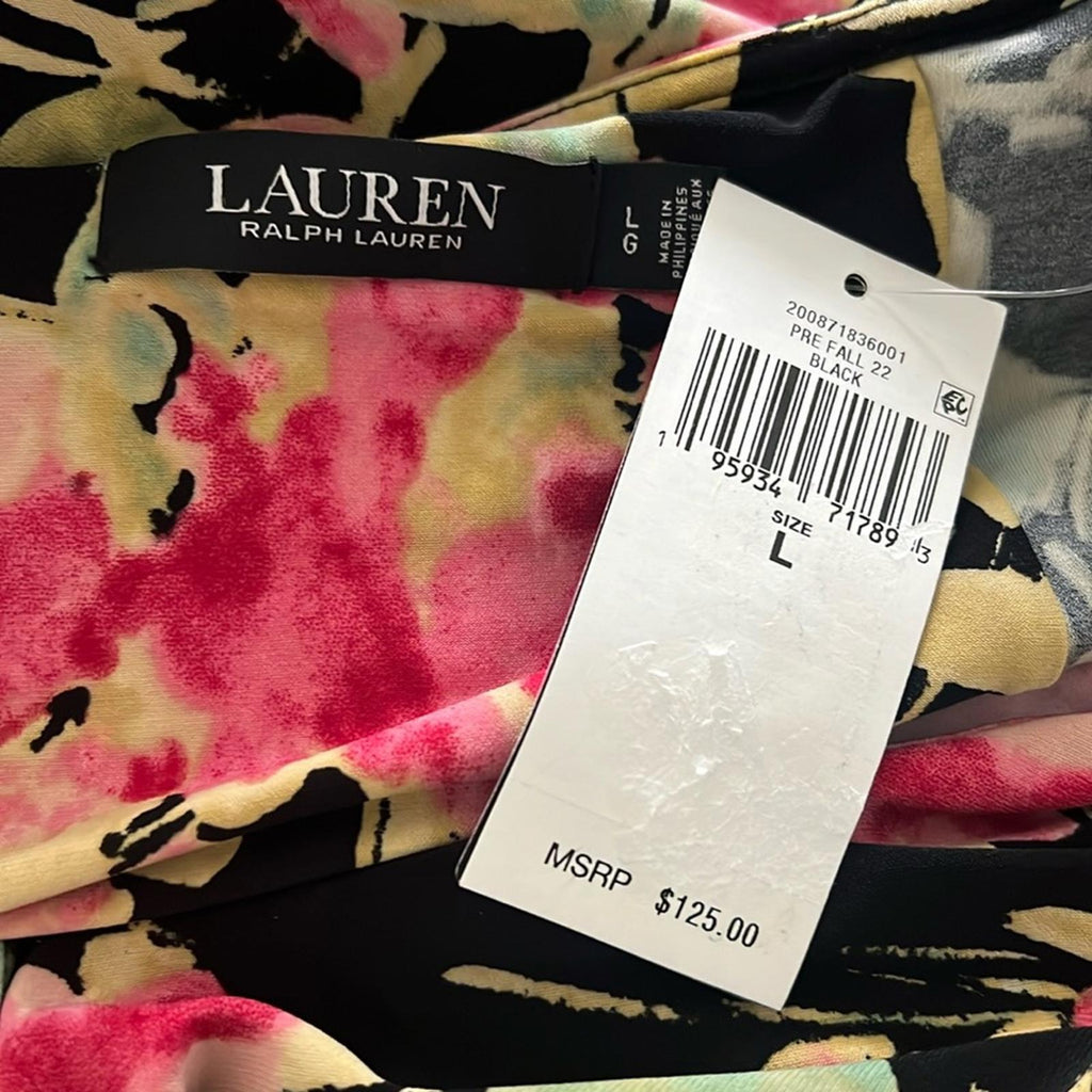 Ralph Lauren Floral Ruffle Trim Surplice Jersey Top in Black, NWT, Size L