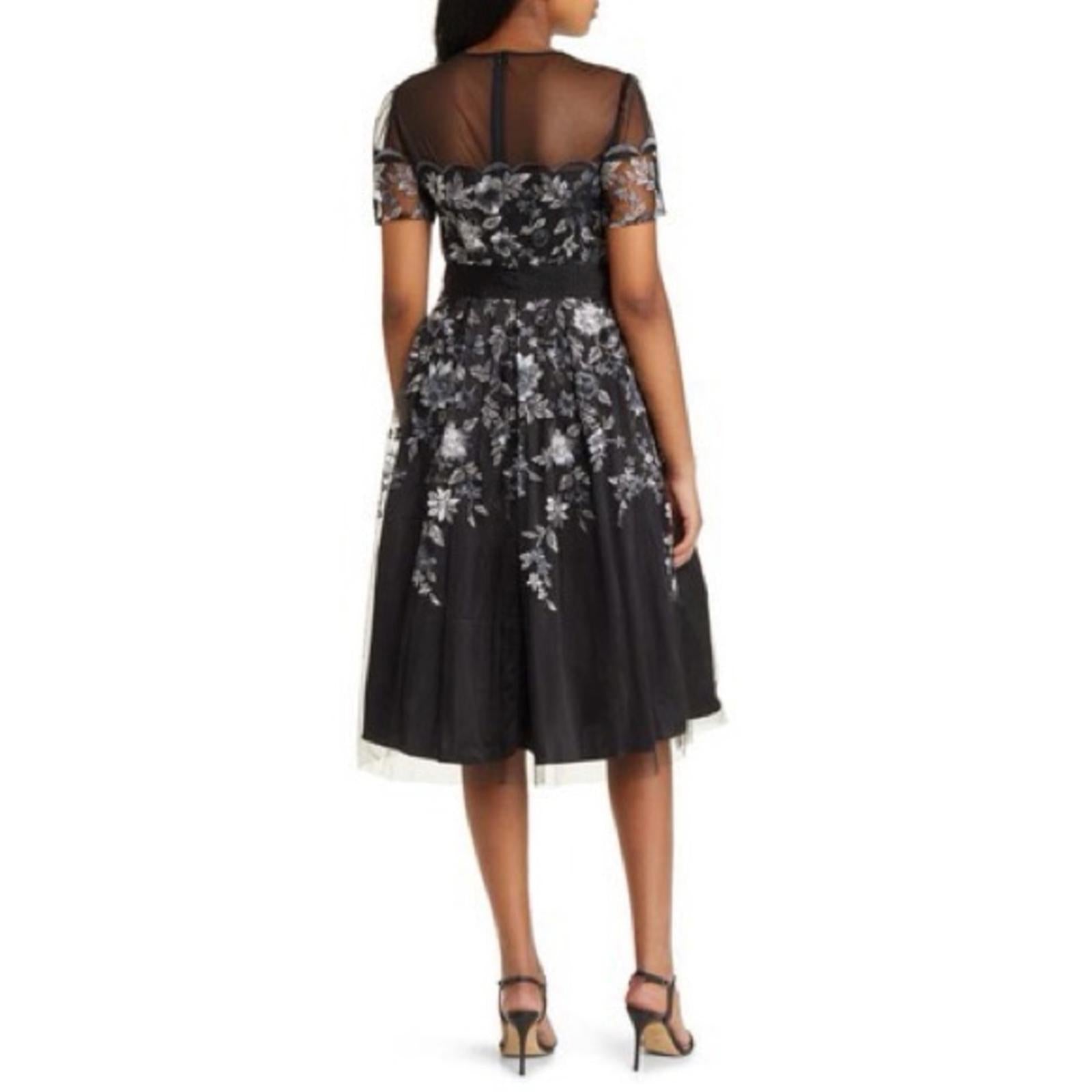 Eliza J. Embroidered Illusion Fit & Flare Dress w/Pockets Black Size 2 New w/Tag