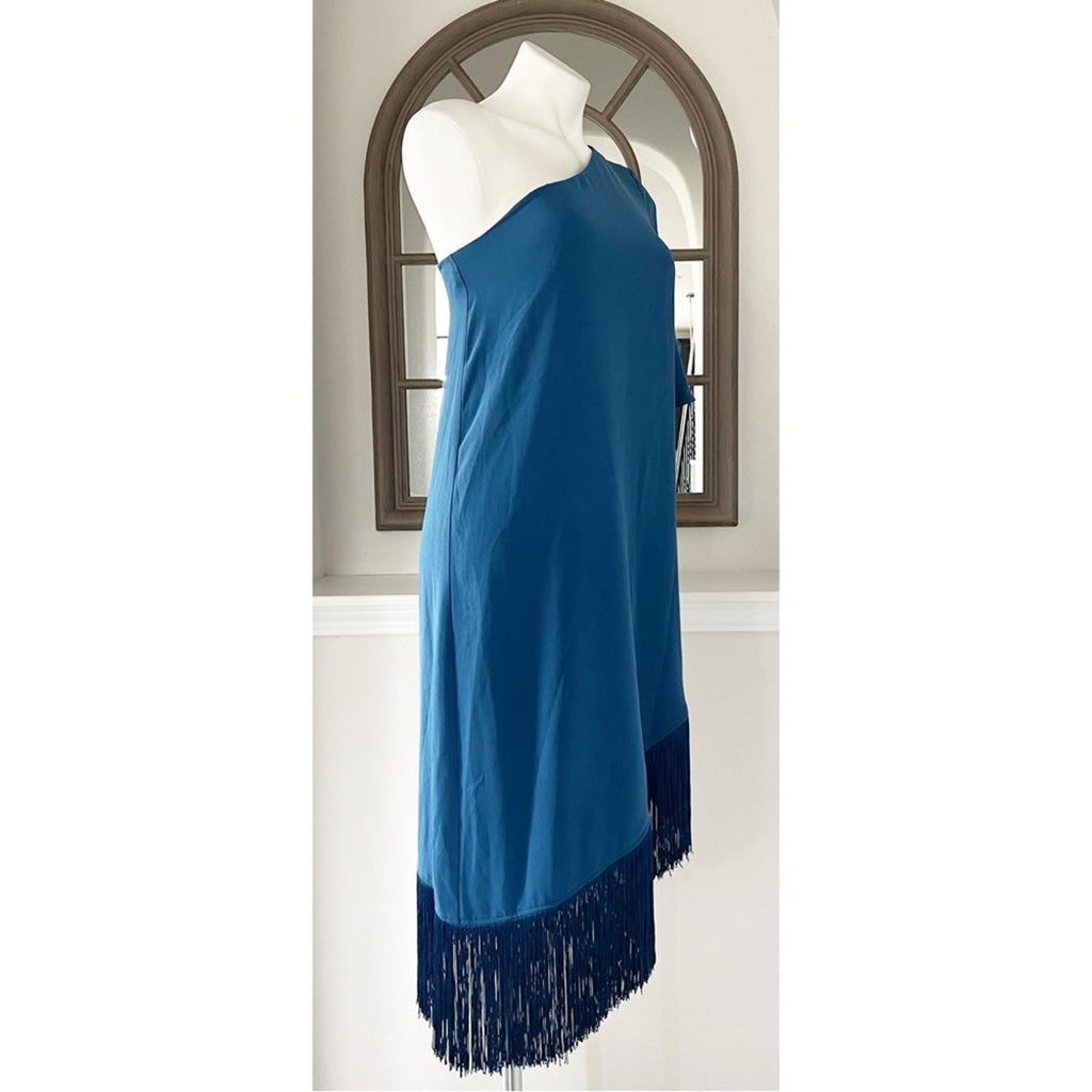 Trina Turk Gull One-Shoulder Fringe-Hem Dress, Size L New w/Tag