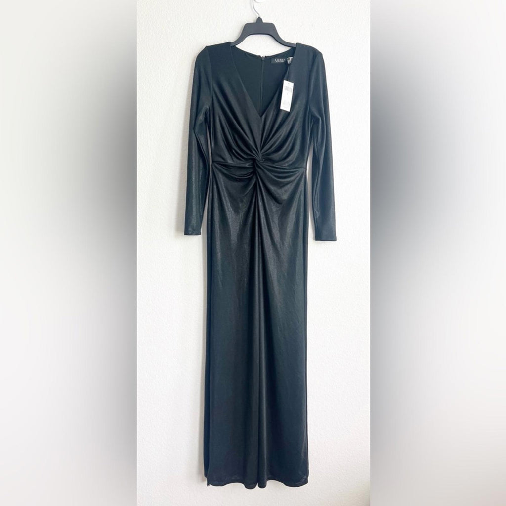 Lauren Ralph Lauren Twist-Front Foil-Print Jersey Gown Black, Women’s Size 4 NWT