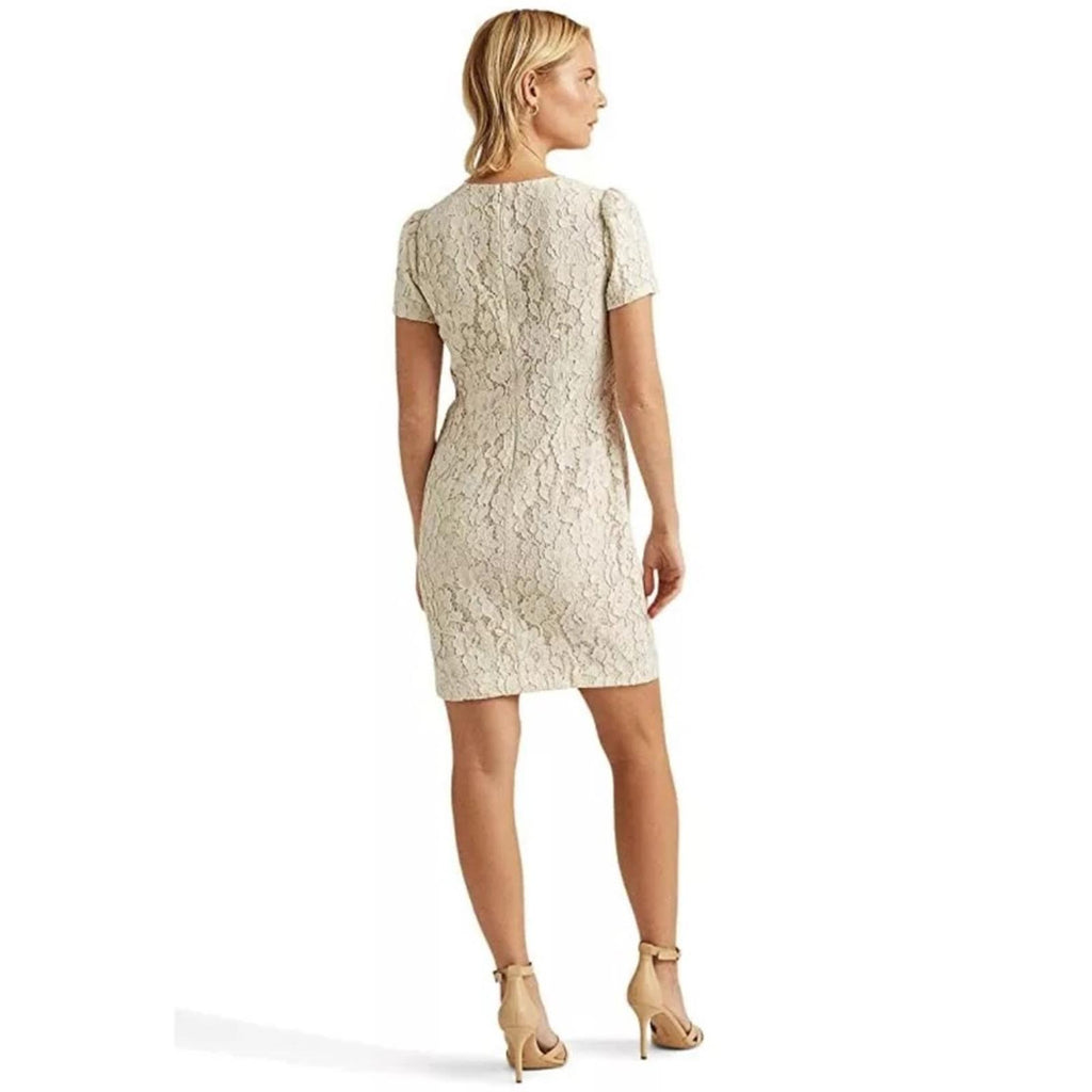 Lauren Ralph Lauren Puff-Sleeve Lace Cocktail Dress in Winter Cream Size 4 NWT