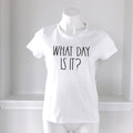 Rae Dunn Tee “WHAT DAY IS IT?” Short Sleeve T-Shirt in White, Size S