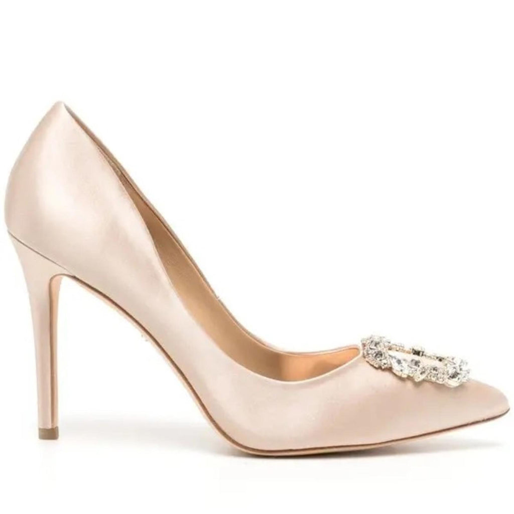 Badgley Mischka NUDE 110mm Crystal-Embellished Satin Buckle Pumps, Size 8 NEW