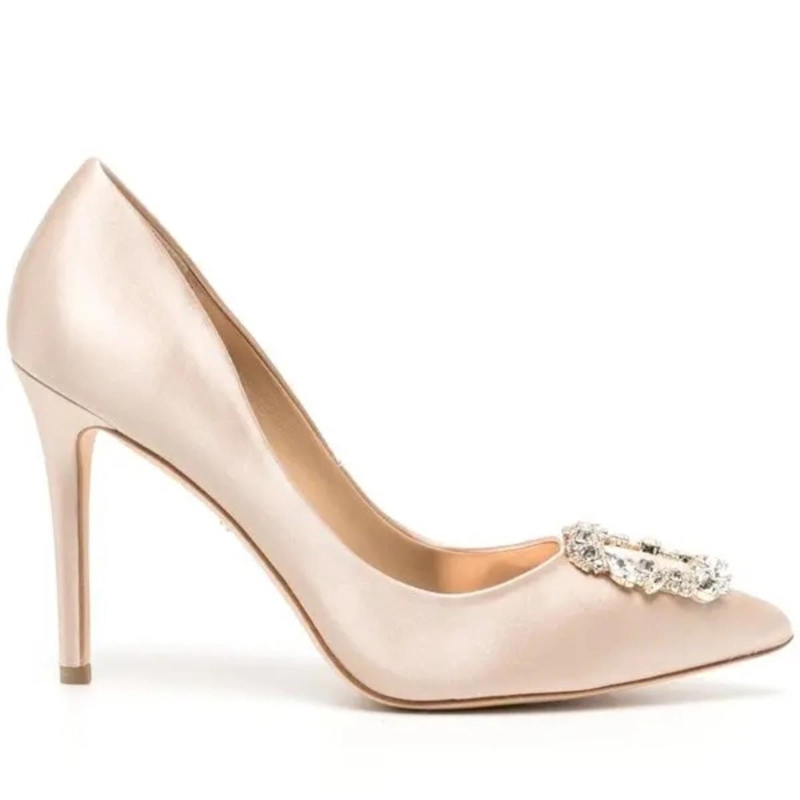 Badgley Mischka NUDE 110mm Crystal-Embellished Satin Buckle Pumps, Size 8 NEW