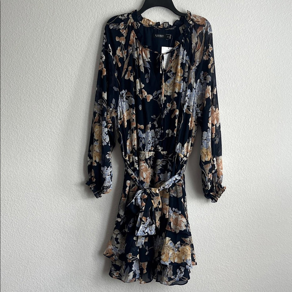 Lauren Ralph Lauren Floral Belted Crinkle Georgette Dress, Plus Size 22W NWT