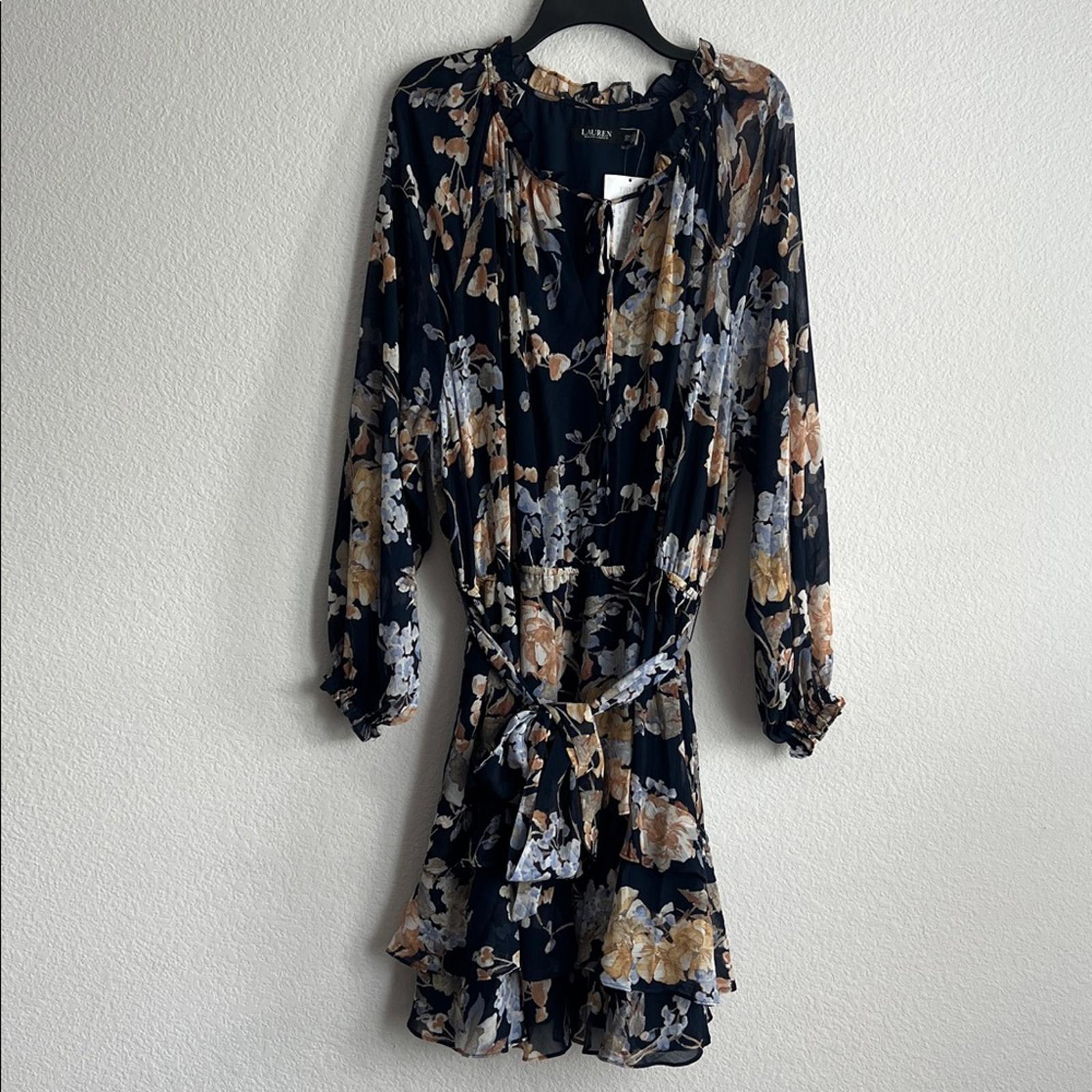 Lauren Ralph Lauren Floral Belted Crinkle Georgette Dress, Plus Size 22W NWT