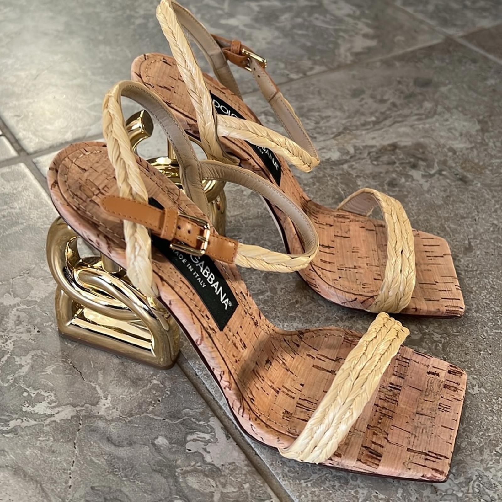 Dolce & Gabbana Logo Heel Ankle Strap Sandals in Gold Tan, New in Box