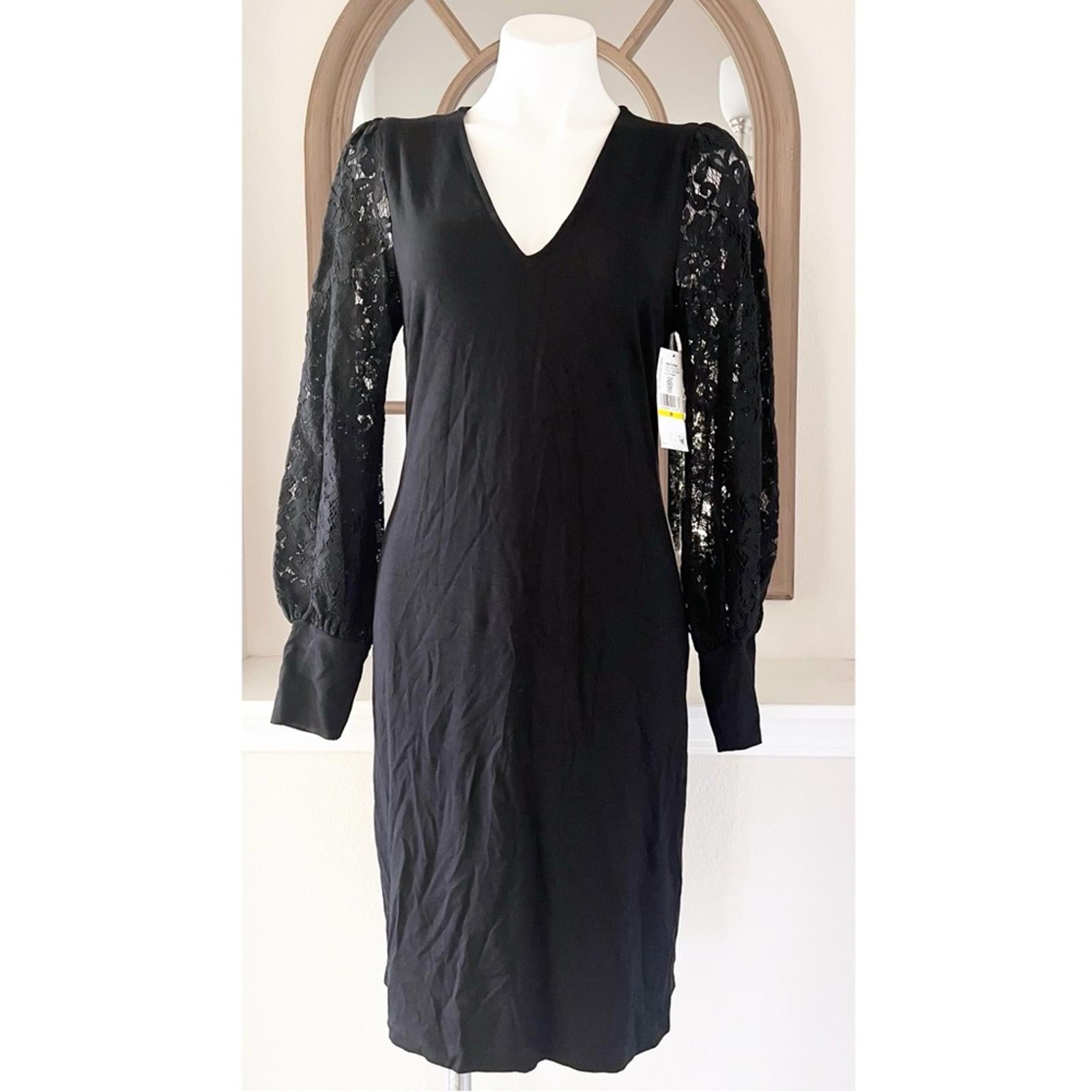 Karen Kane Lace V-Neck Midi Dress w/Lace Sleeves in Black, Size S New w/Tag $158