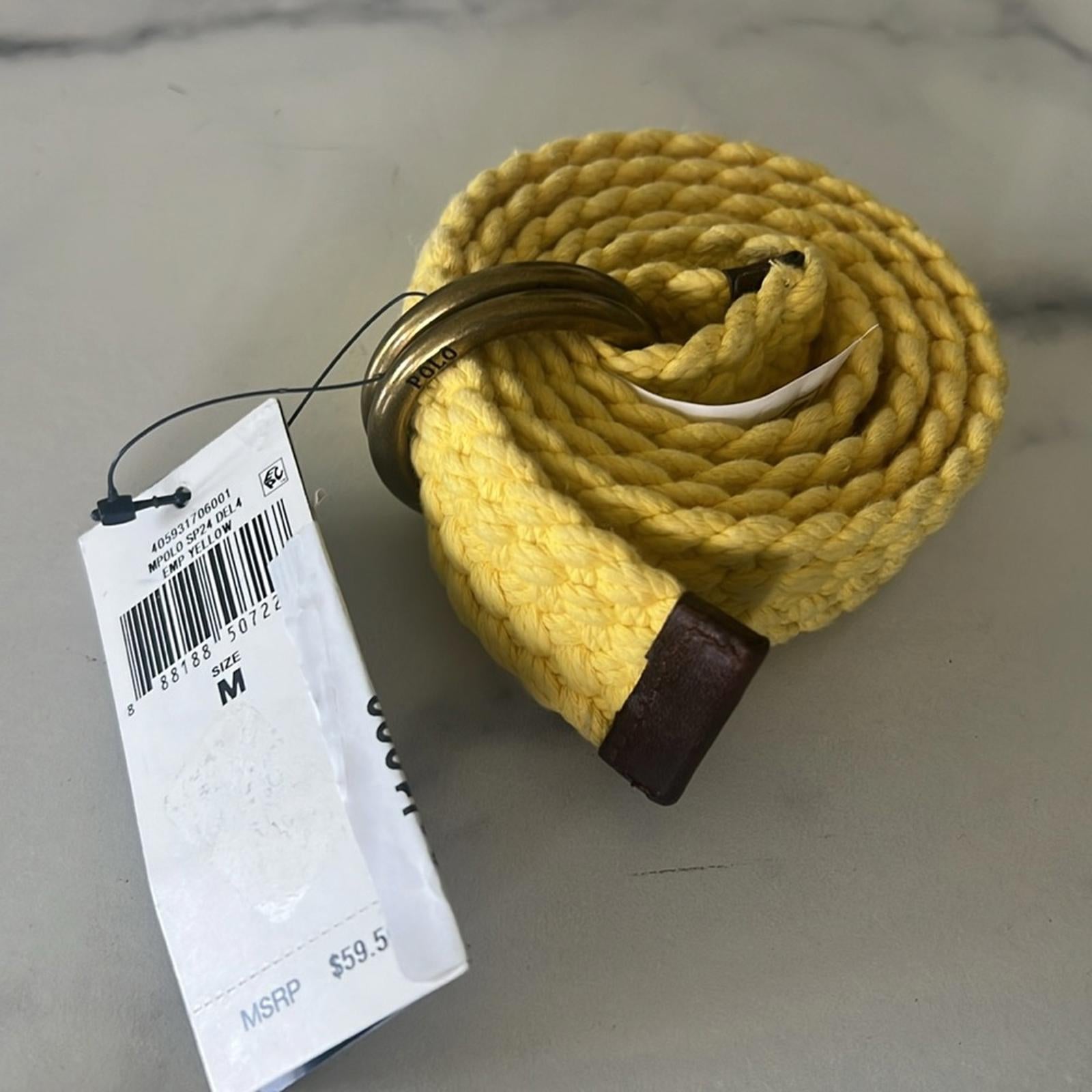 Polo Ralph Lauren Leather-Trim Cotton Braided Belt in Yellow Fin, NWT, Size M