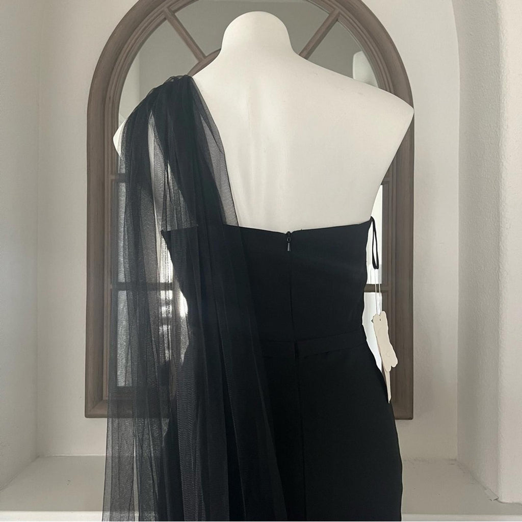 HEBEOS Sheath Stretch Crepe Ruched One-Shoulder Sweep/Train Dress, Black
