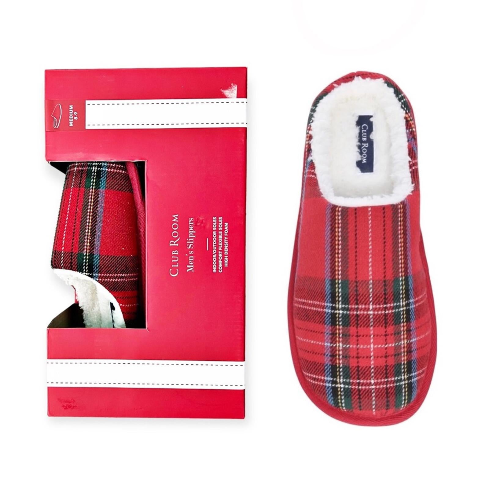 Club Room Mens Flannel Plaid Slide Slippers, (Red, Medium) Size 8-9 New in Box