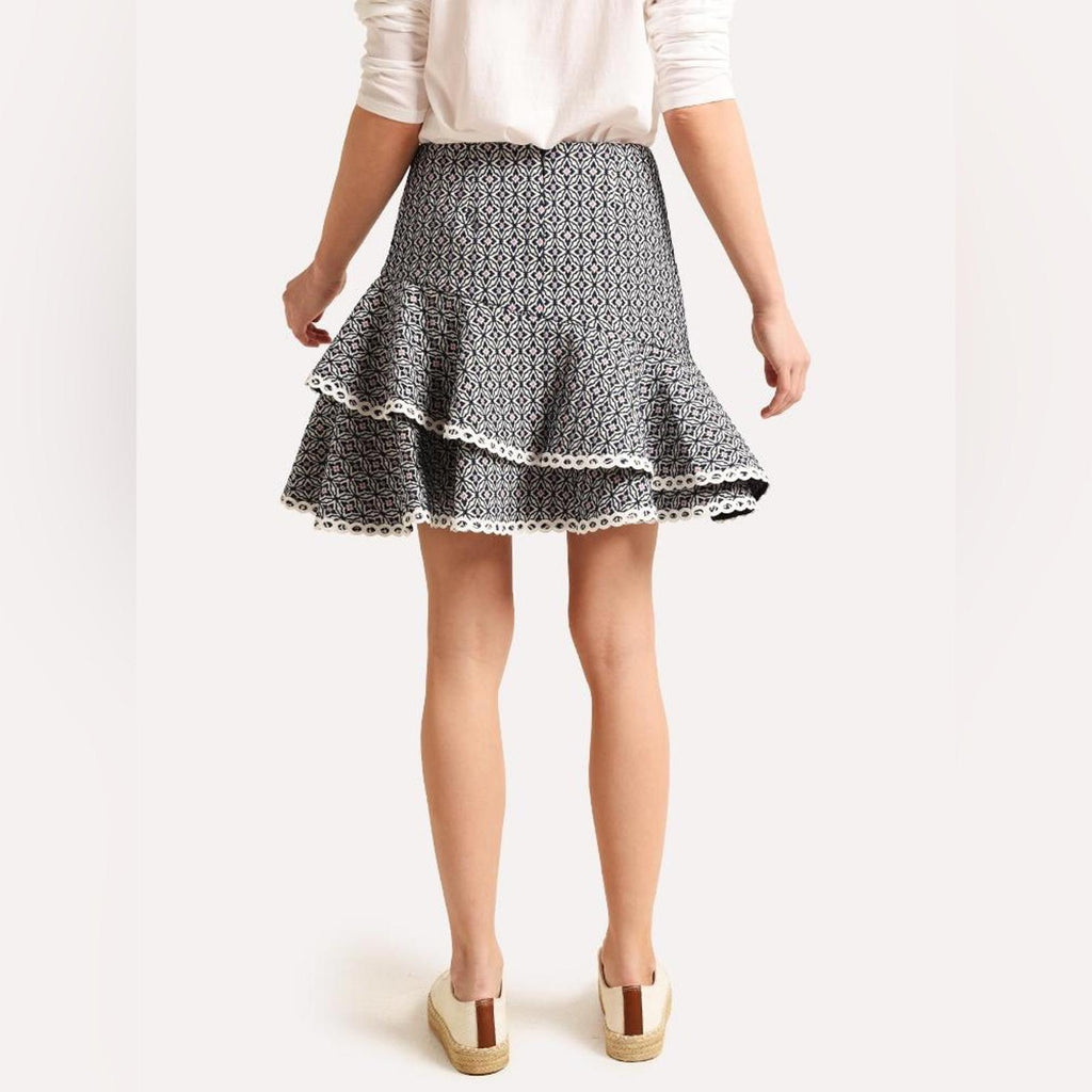 ML Monique Lhuillier Jacquard Ruffle Skirt, Navy Multi Size 0 New w/Tag $395