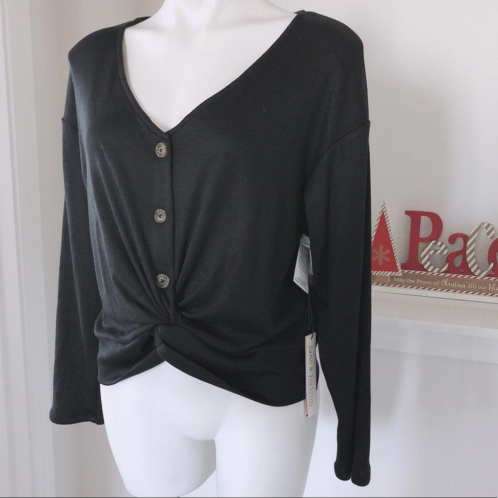 June & Hudson Knot Front Sweater in Black, Knit Long Sleeve Size XL New w/Tag