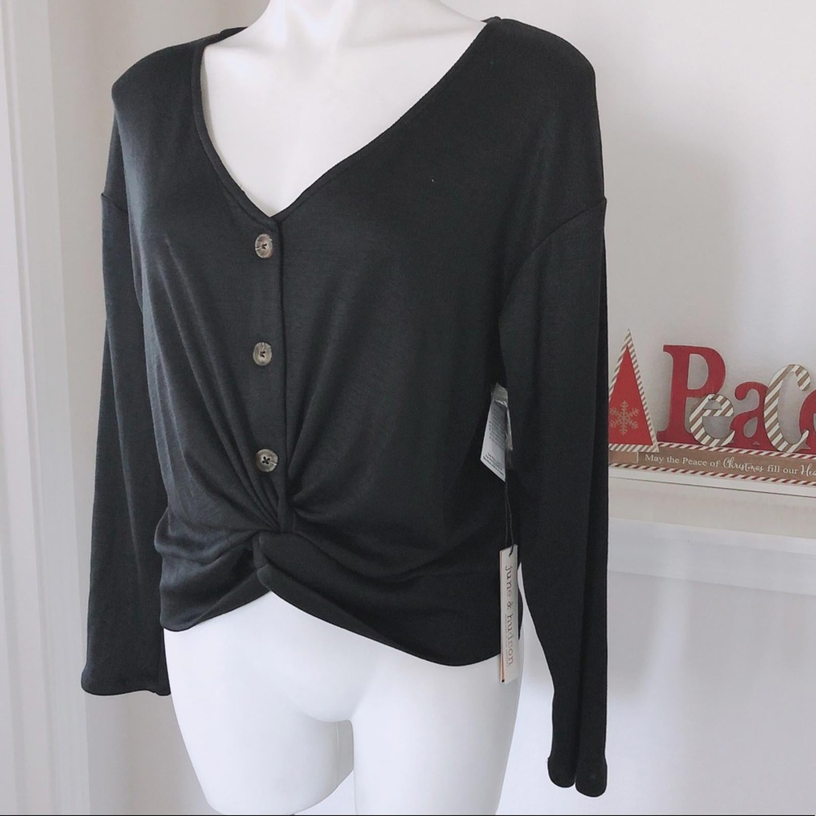 June & Hudson Knot Front Sweater in Black, Knit Long Sleeve Size XL New w/Tag