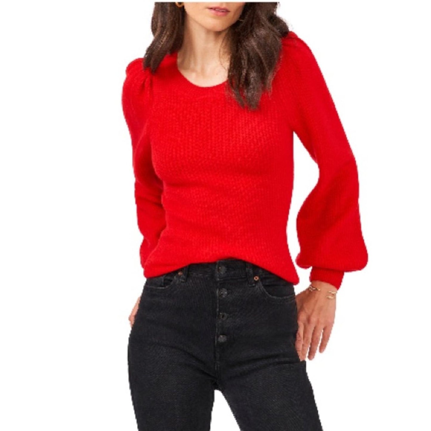1.STATE Balloon Sleeve Crewneck Rib Sweater in Red, New, Size M